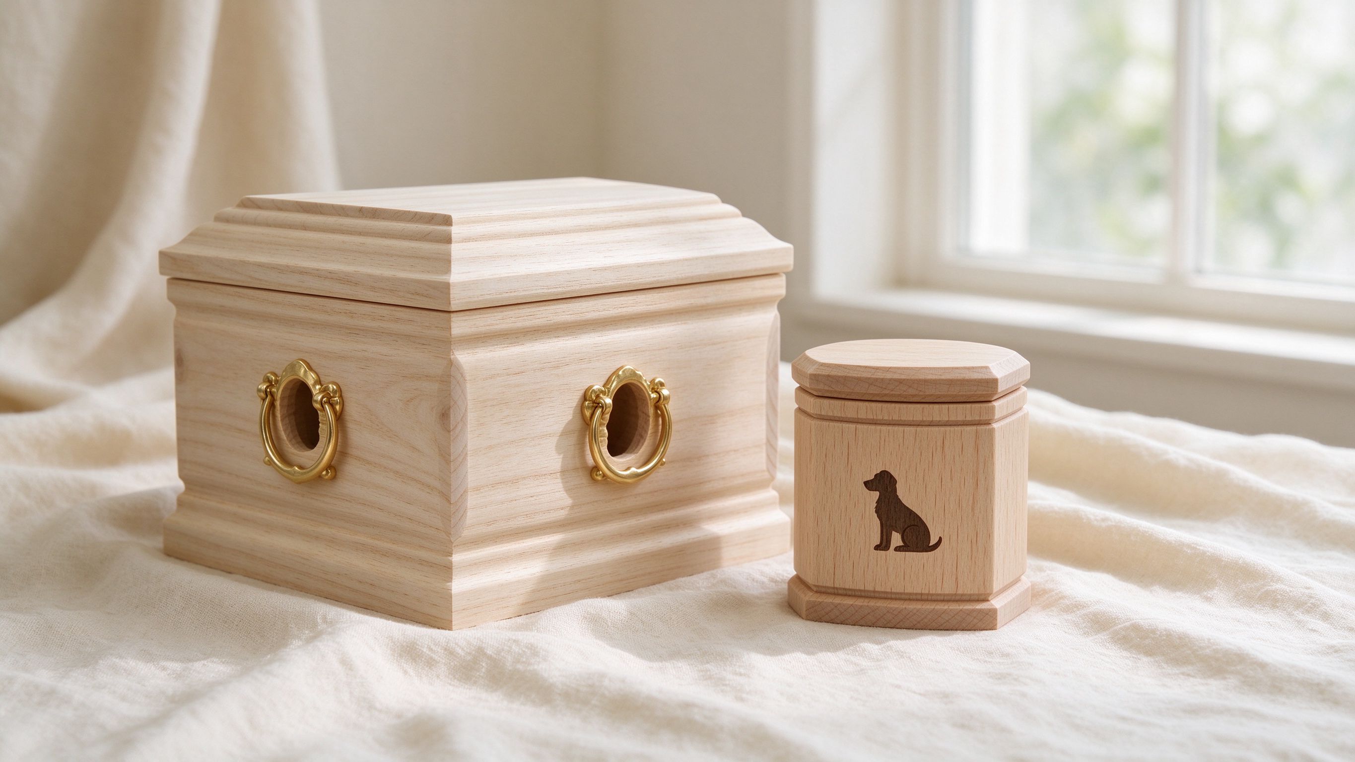 Paulownia pet cremation casket paired with a pine wooden pet urn