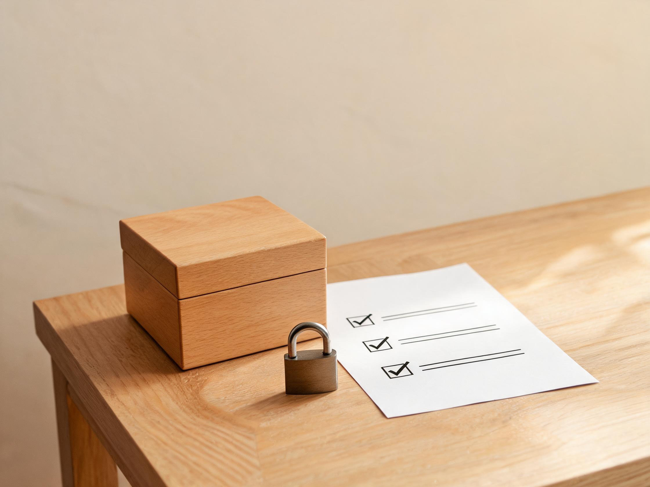 Wooden box with padlock and checklist document representing data protection and privacy security for wholesale pet urn buyer information