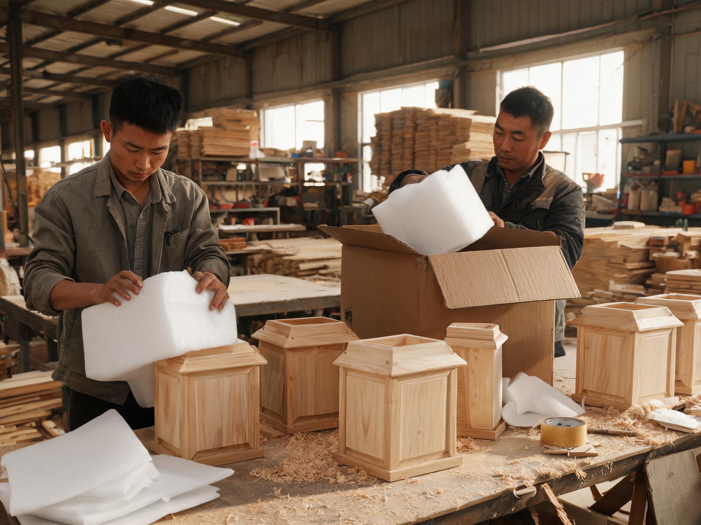 Factory workers wrapping kiln-dried pine pet urns in foam padding and placing them into corrugated cartons at Cao County wood workshop