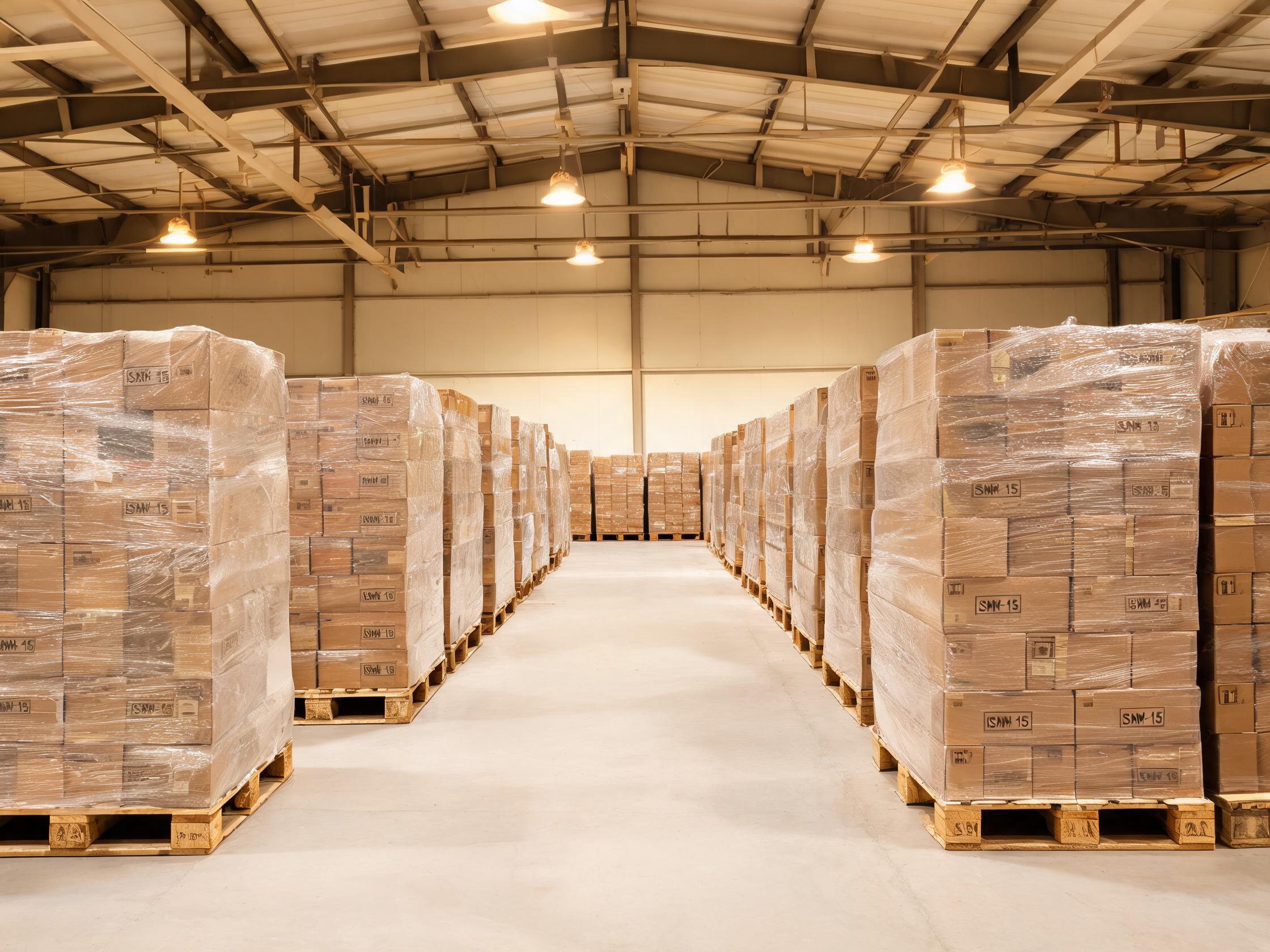 Warehouse with ISPM-15 heat-treated wooden pallets stacked with corrugated cartons of pine pet urns ready for export